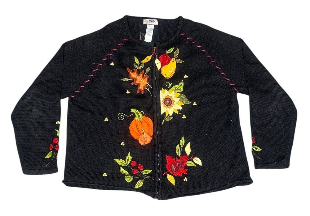 Vintage Tiara International Autumn Floral Knit Cardigan Sweater
